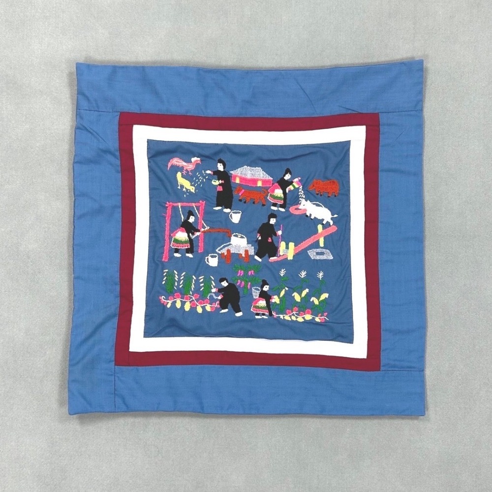 Vtg Hmong Handmade Embroidery Rural Story Throw Pillow Case Blue 16x16" Square